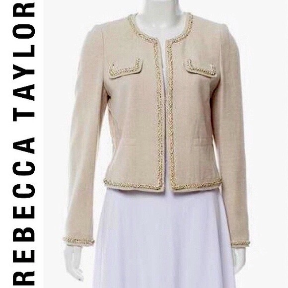 Rebecca Taylor Crop Silk Braid Trim Blazer Jacket Size 2 Preppy Business Casual - Picture 1 of 16